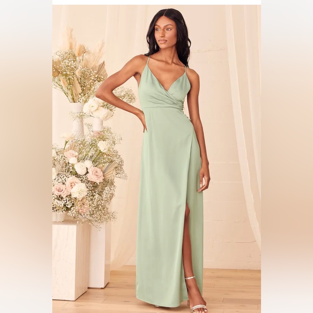 Sage green satin bridesmaid dress